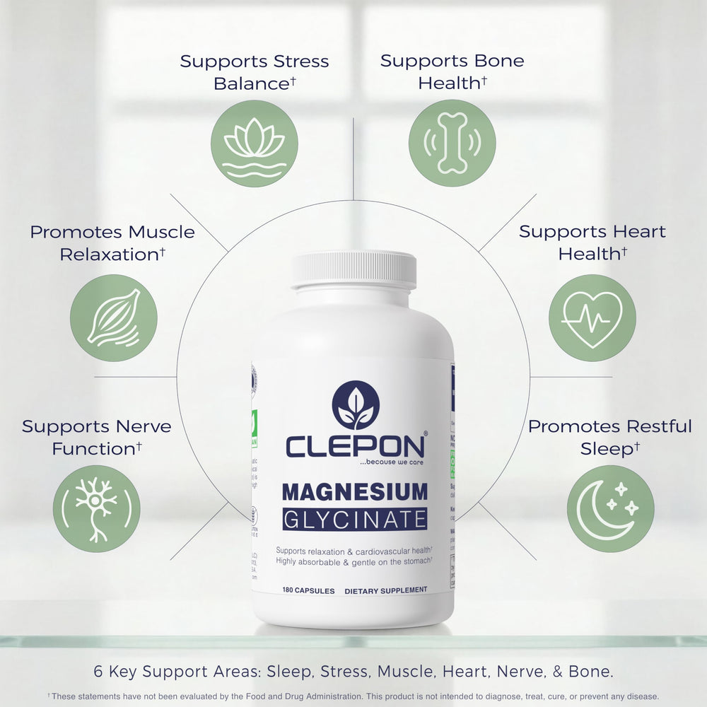 CLEPON Magnesium Glycinate capsules being poured for easy daily intake.