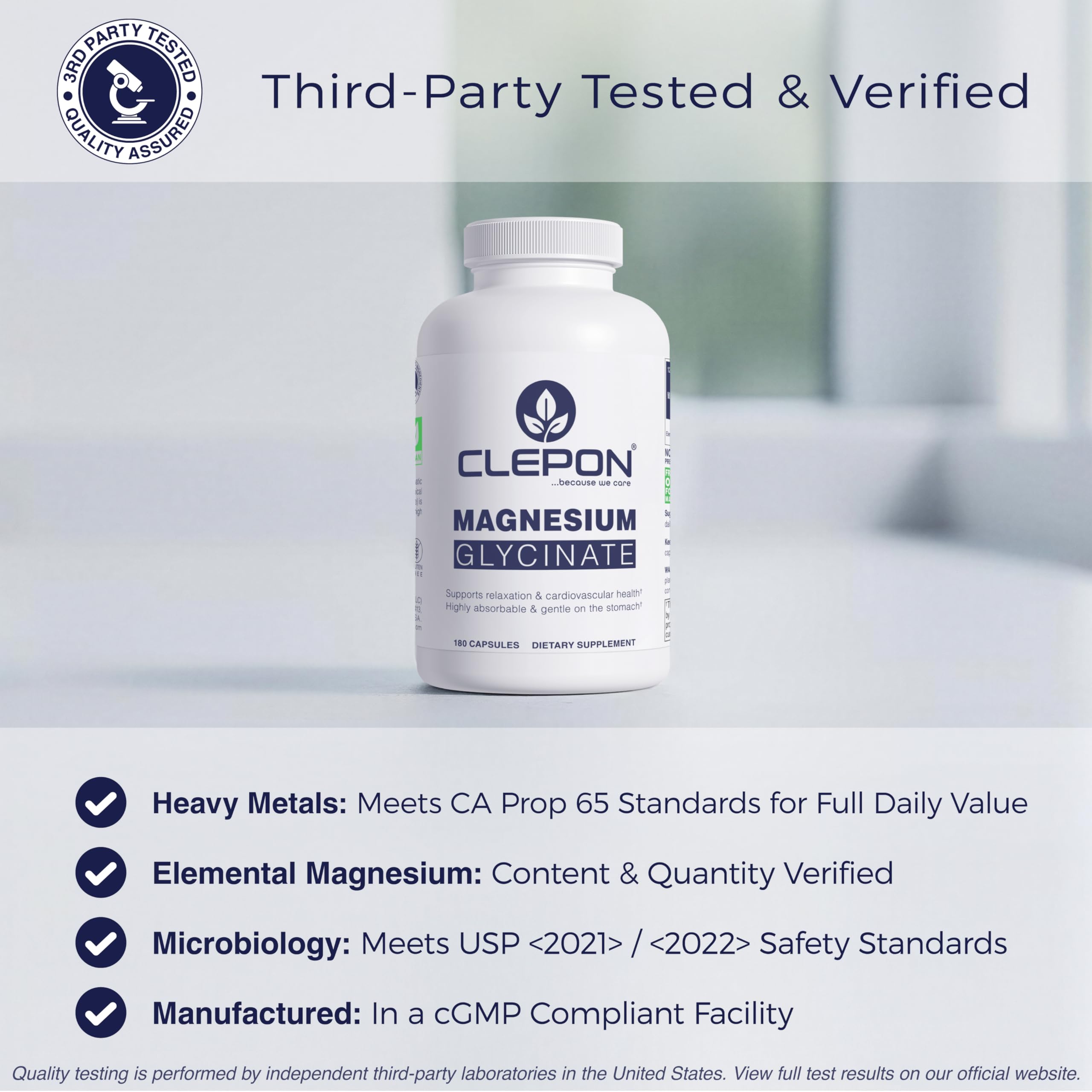 GMP-certified CLEPON Magnesium Glycinate bottle reinforces quality and safety.