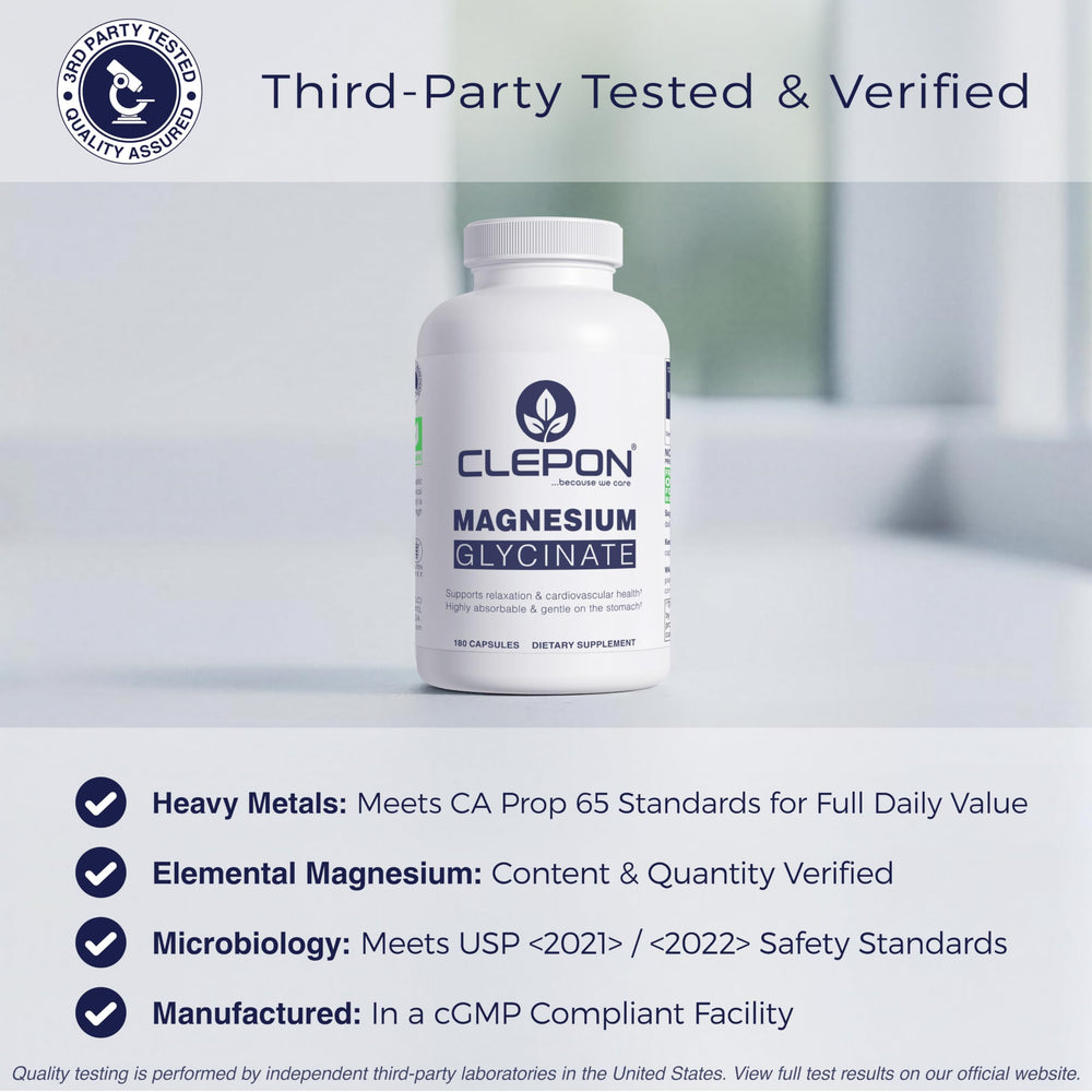 GMP-certified CLEPON Magnesium Glycinate bottle reinforces quality and safety.