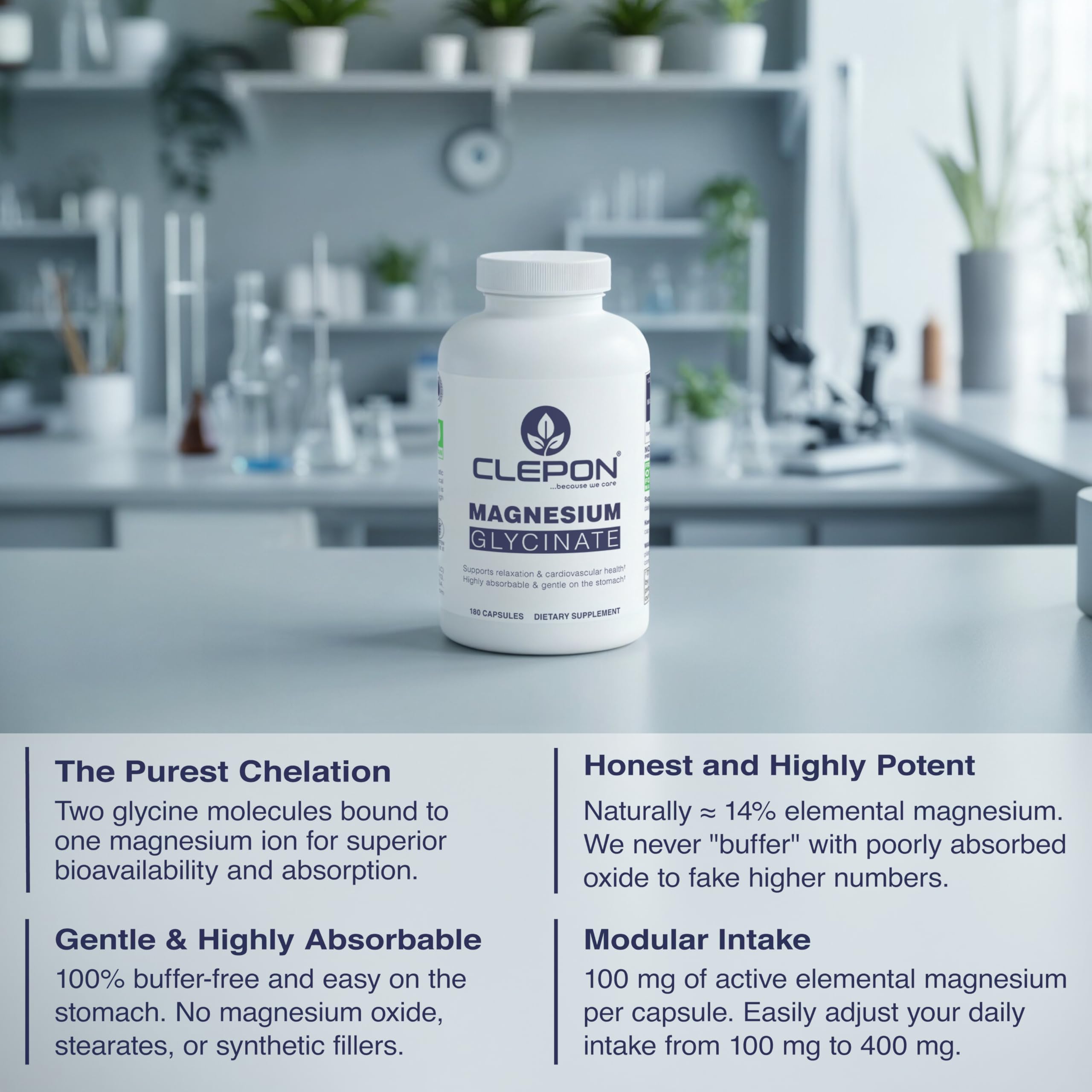 CLEPON Magnesium Glycinate label emphasizes chelated magnesium glycinate for absorption.