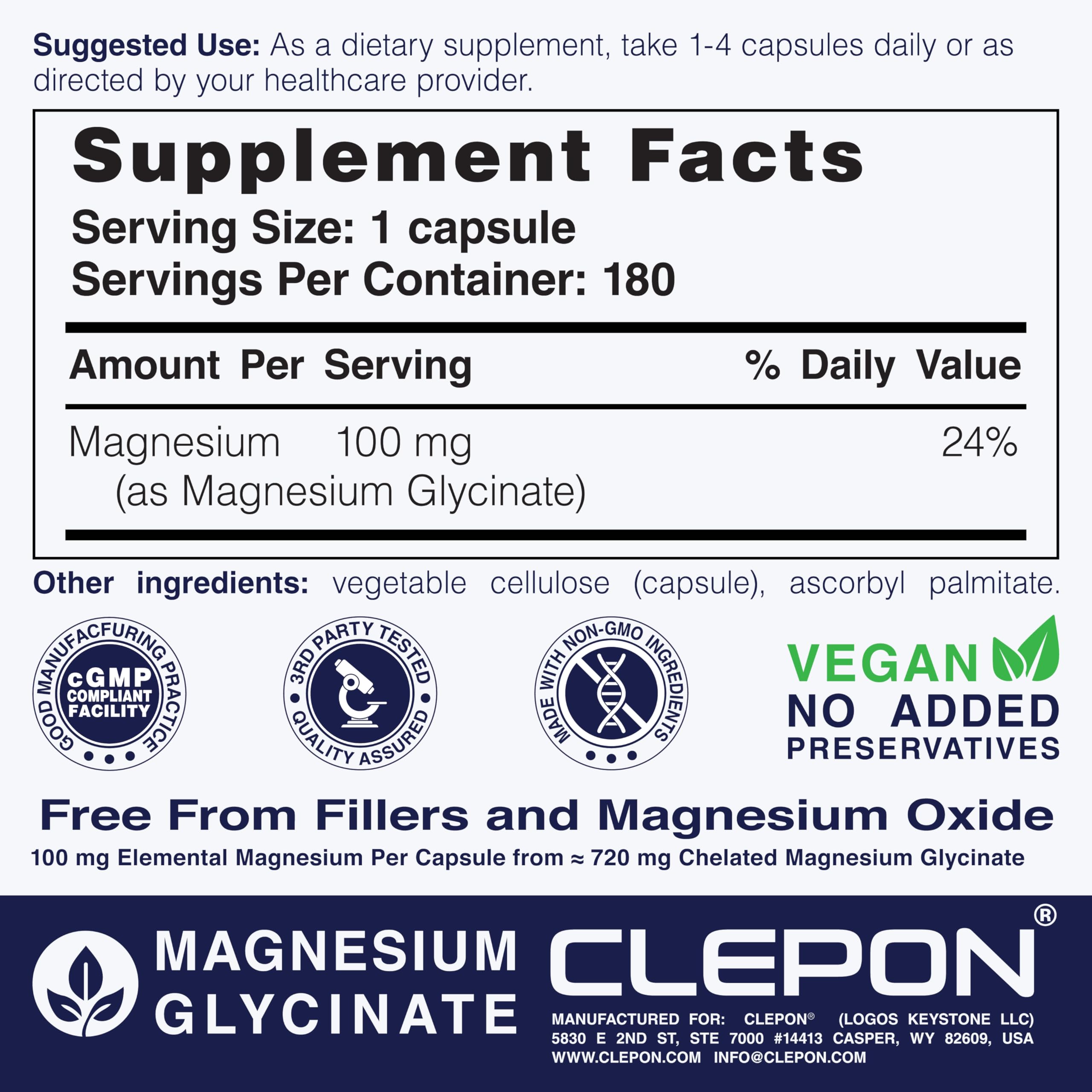 Third-party tested seal on CLEPON Magnesium Glycinate packaging signals safety.