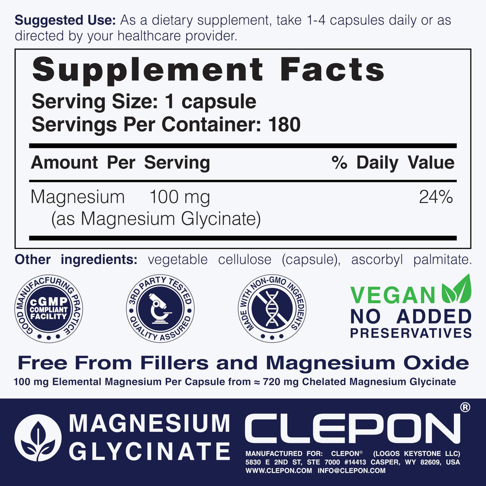 Third-party tested seal on CLEPON Magnesium Glycinate packaging signals safety.