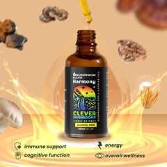 CLEVER MUSHROOMS dual extraction process bottle emphasizing full-spectrum extract for daily wellness.