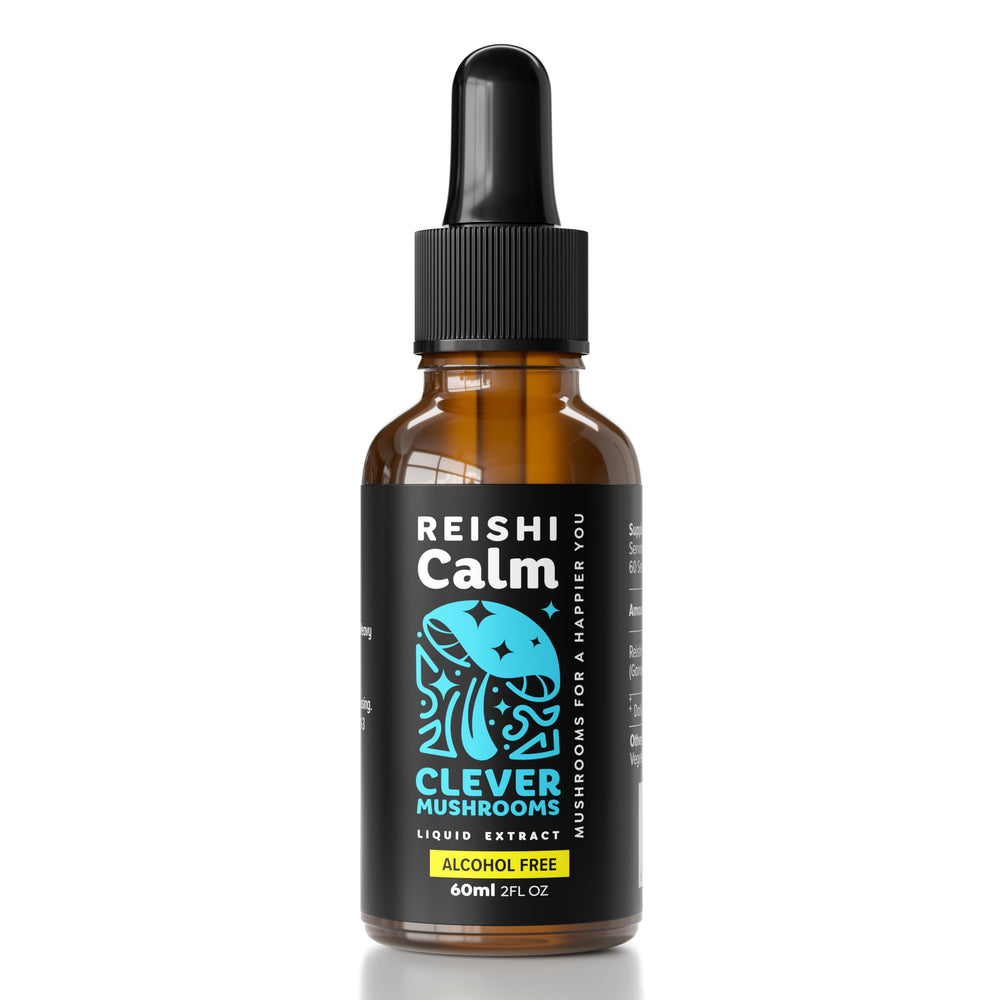 Clever Mushrooms Reishi tincture bottle for relaxation and immune support.