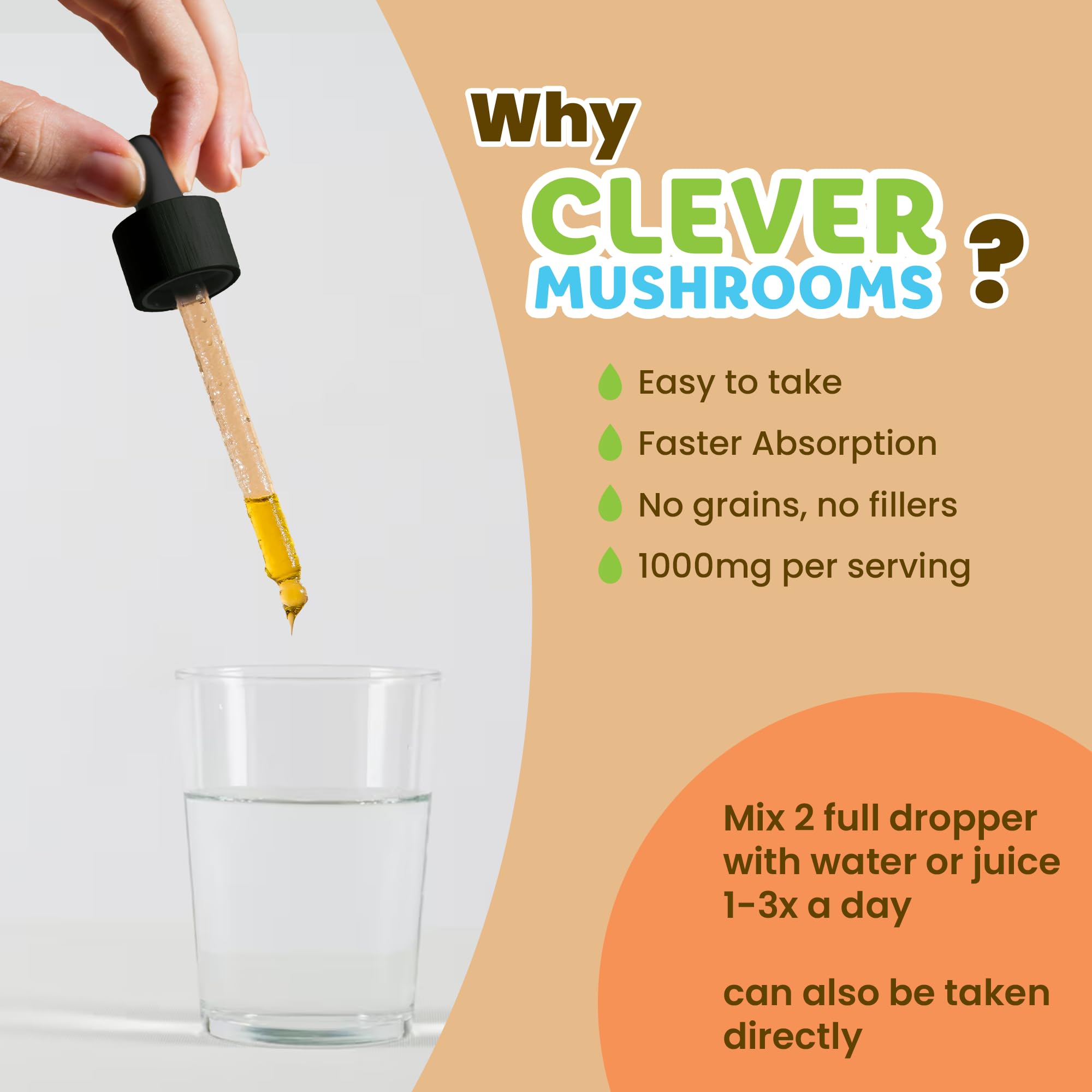 CLEVER MUSHROOMS bottle with dropper for sublingual use and fast absorption.