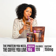 Click Coffee Protein mocha glass features ready-to-drink nutrition and caffeine.