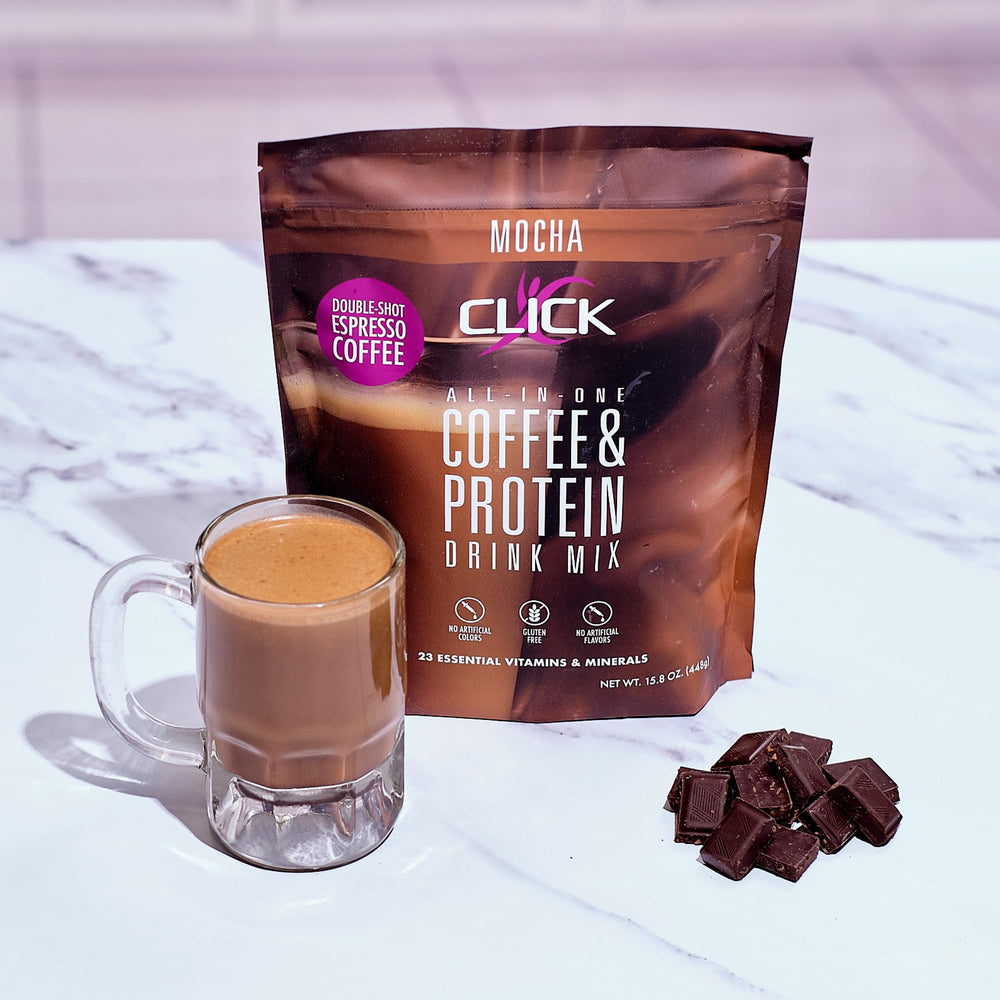Click Coffee Protein mocha iced mug presents versatile hot or cold drink.