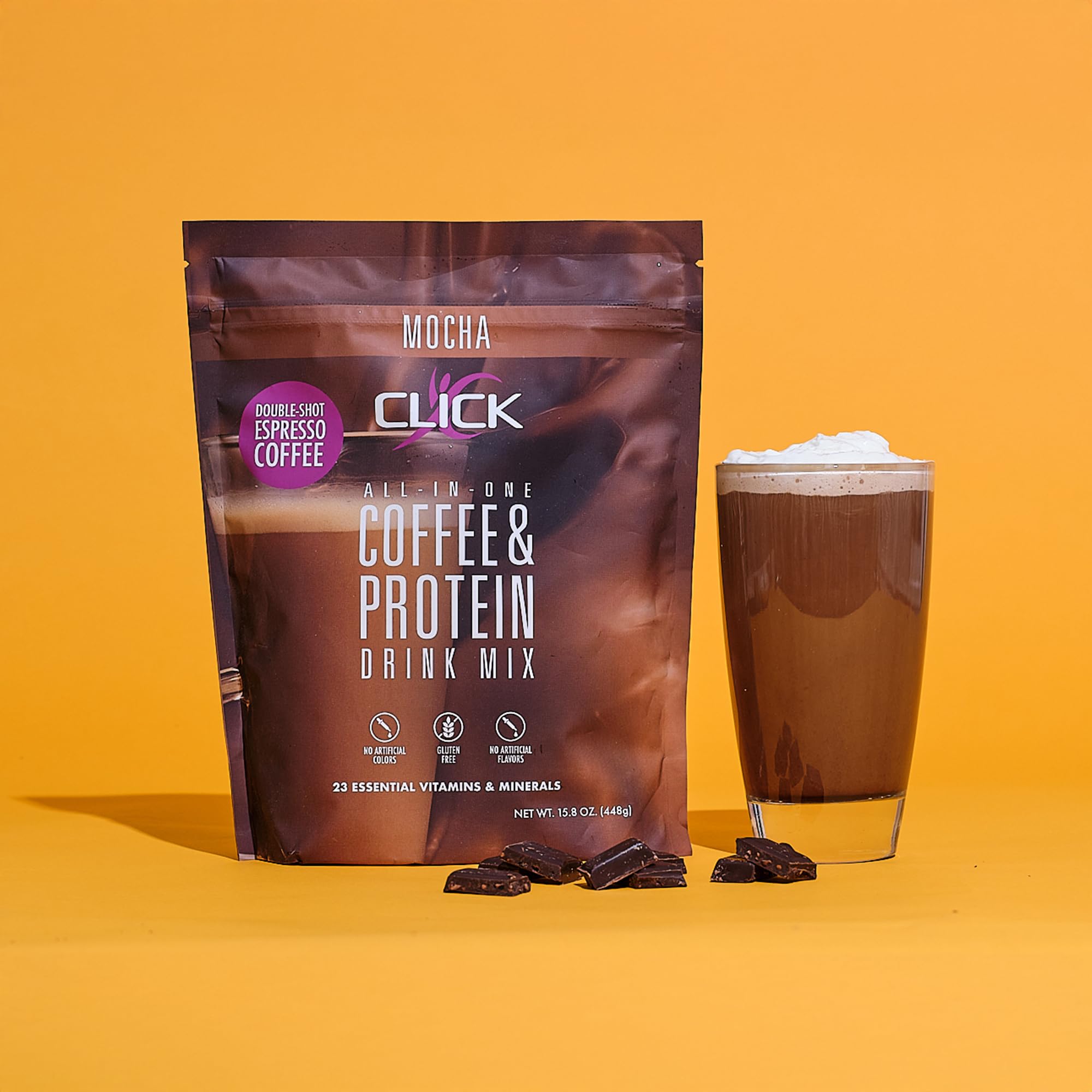 Click Coffee Protein mocha nutrition label highlights vitamins and minerals.