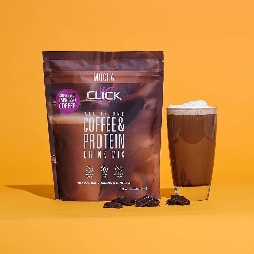 Click Coffee Protein mocha nutrition label highlights vitamins and minerals.