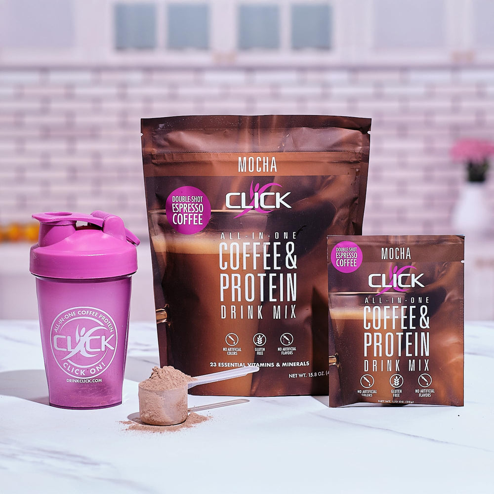 Click Coffee Protein mocha pack shows portable nutrition on the go.