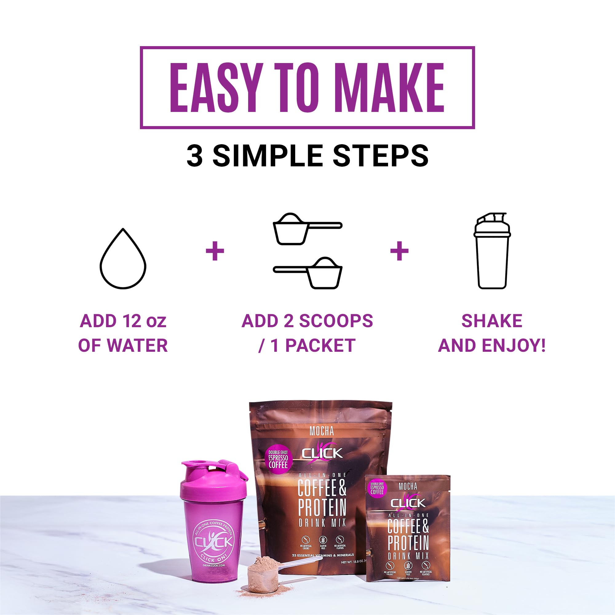 Click Coffee Protein mocha pour highlights convenient espresso energy.