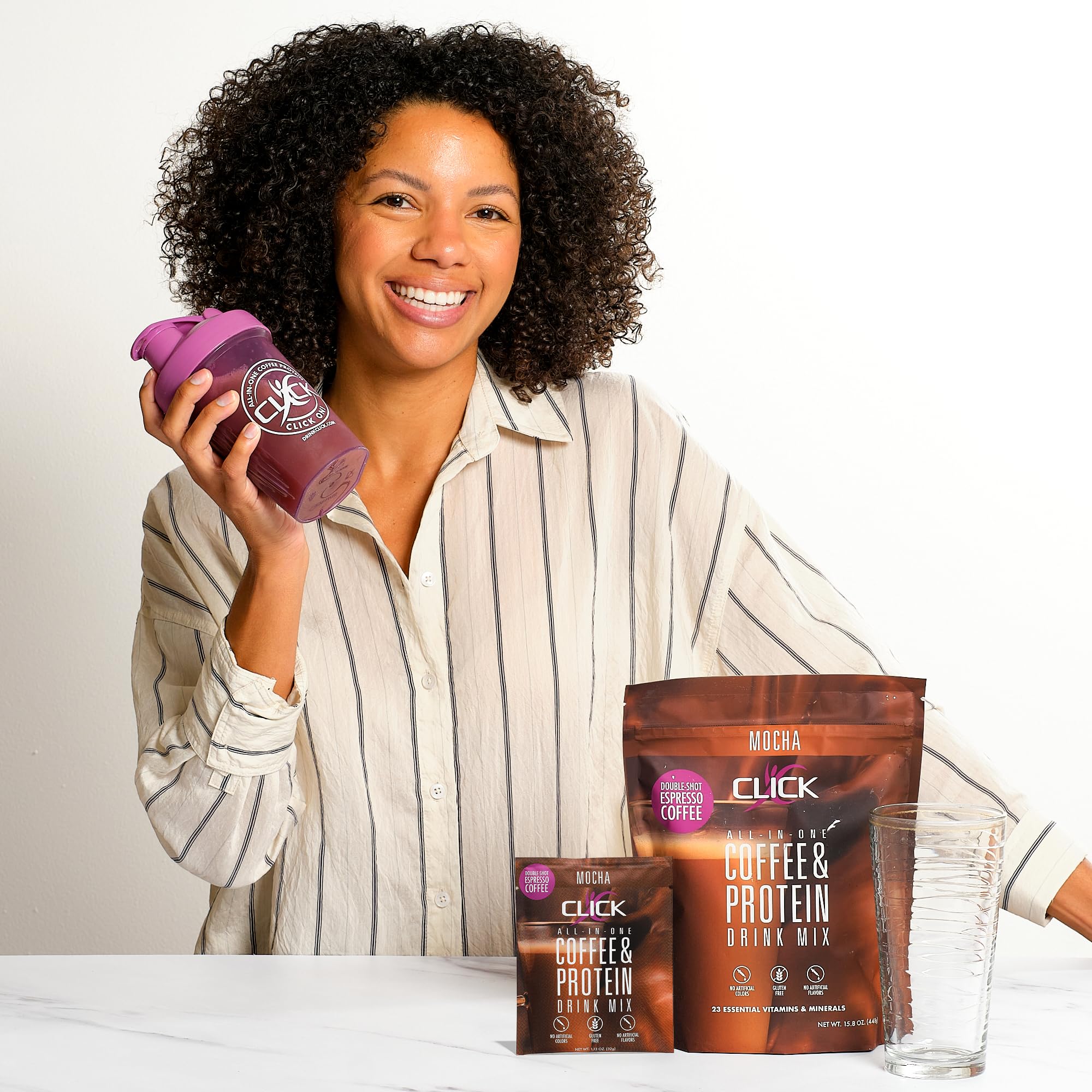 Click Coffee Protein mocha scoop emphasizes high-protein fueling for workouts.