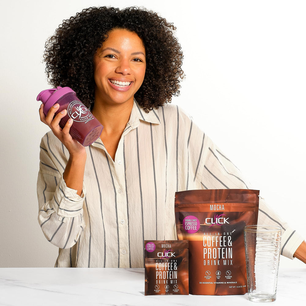 Click Coffee Protein mocha scoop emphasizes high-protein fueling for workouts.