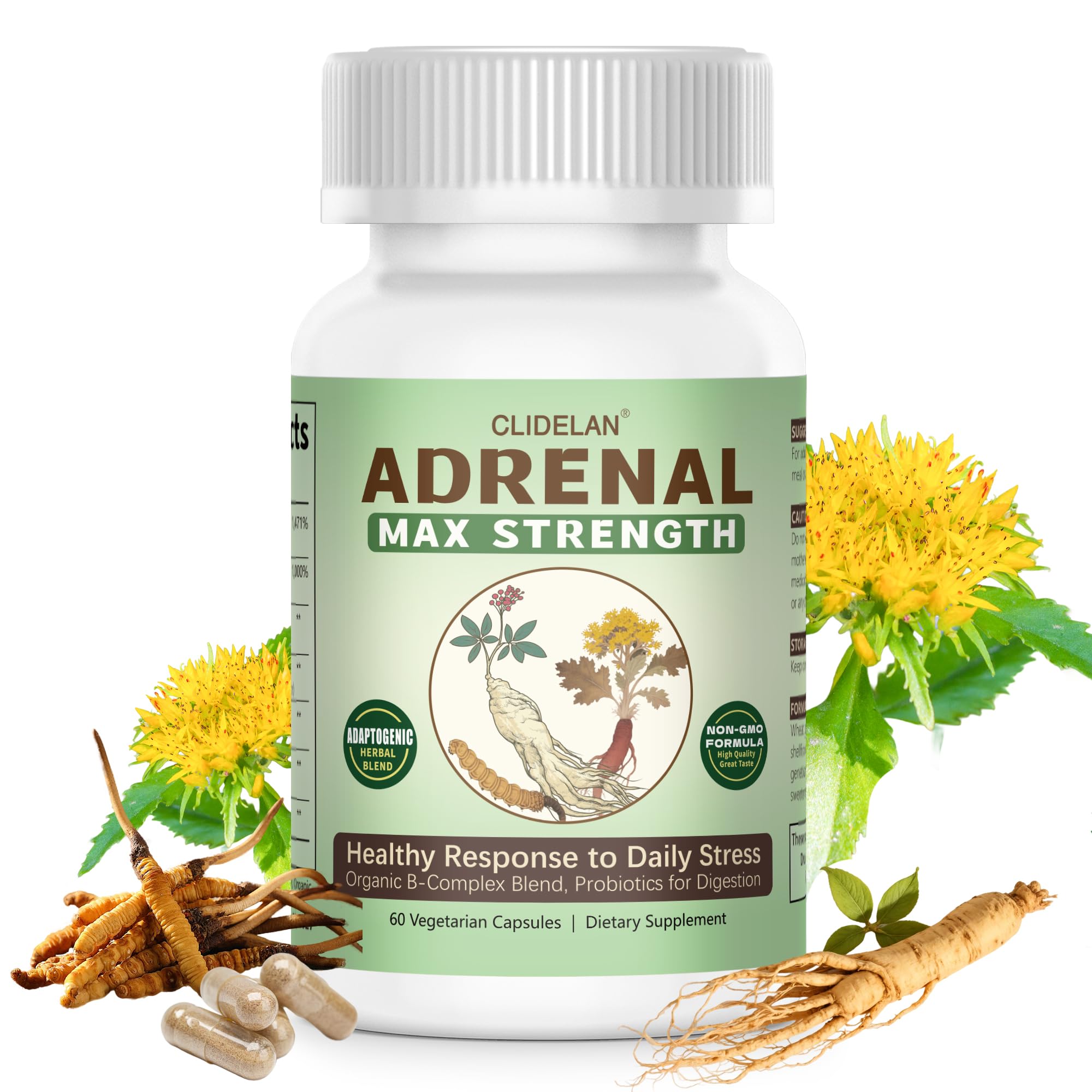 Clidelan Adrenal Support bottle shows the daily balance label and dosage guidance.