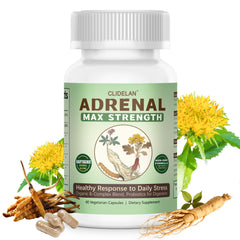 Clidelan Adrenal Support bottle shows the daily balance label and dosage guidance.