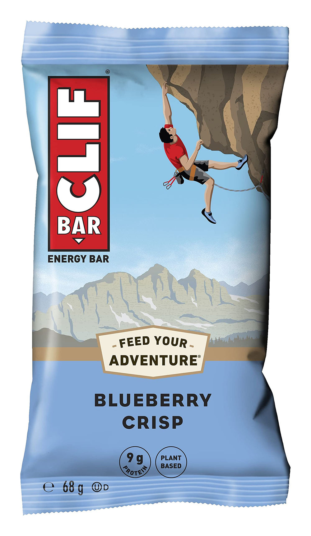CLIF Bar Blueberry Crisp bar close-up, satisfying crisp berry flavor and portable fuel.