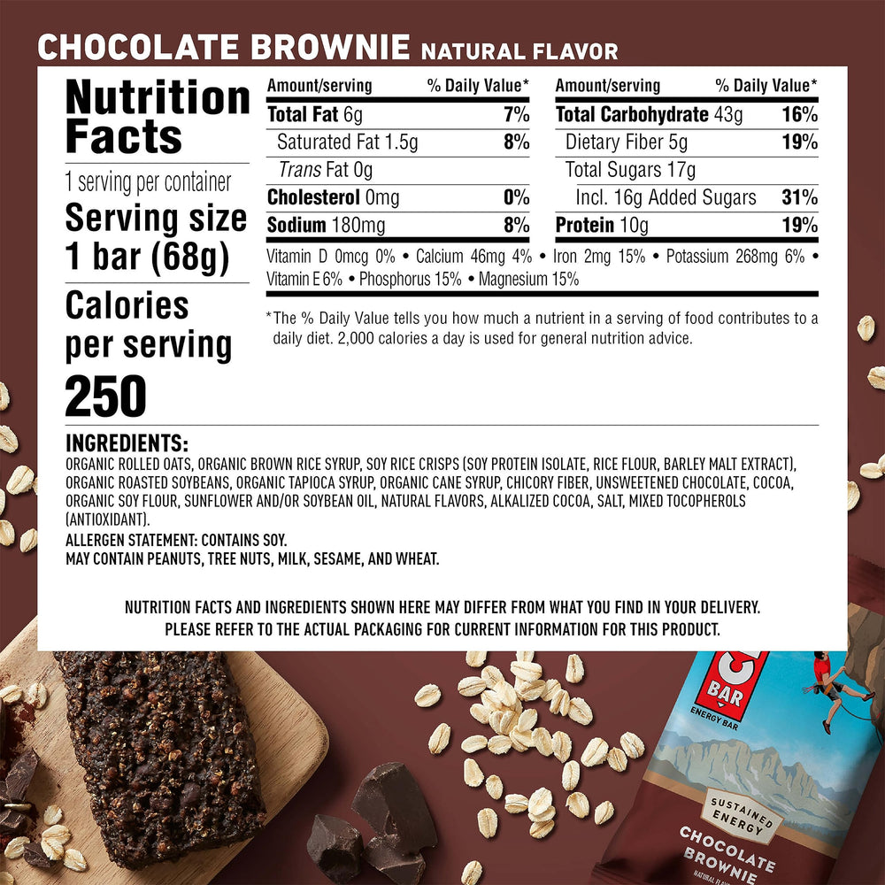 Pack shot of CLIF Bar Chocolate Brownie 18-pack ready for on-the-go fueling.
