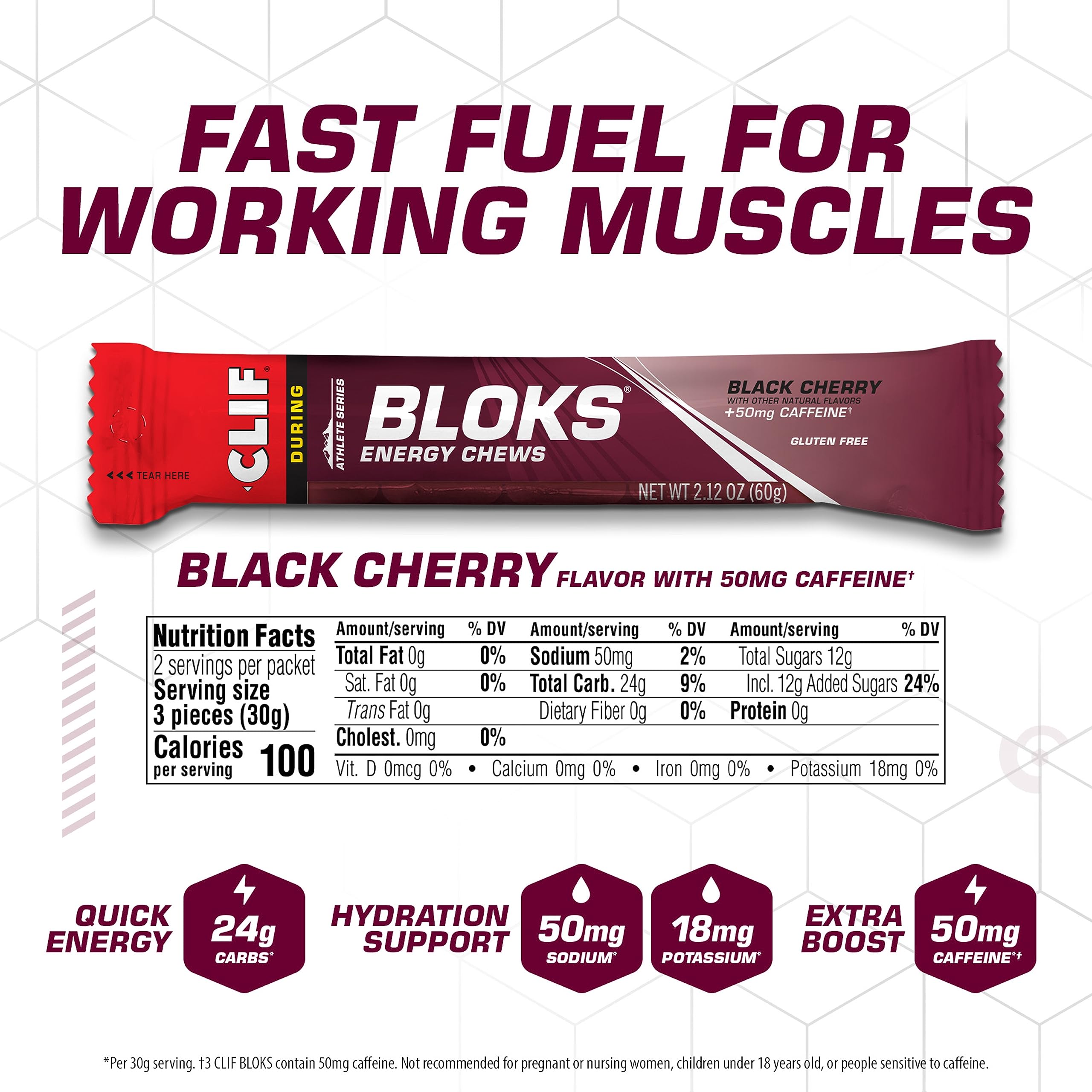 CLIF BLOKS Black Cherry caffeine cubes closeup highlights bite-sized carbs for steady fuel.