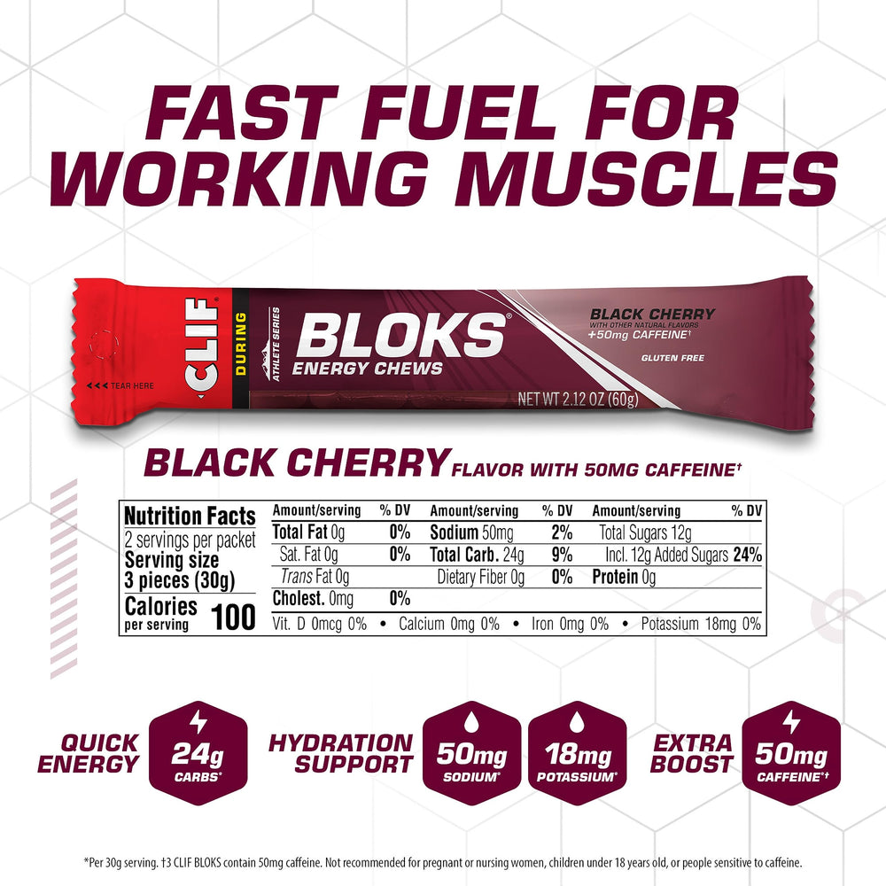 CLIF BLOKS Black Cherry caffeine cubes closeup highlights bite-sized carbs for steady fuel.