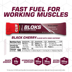 CLIF BLOKS Black Cherry caffeine cubes closeup highlights bite-sized carbs for steady fuel.