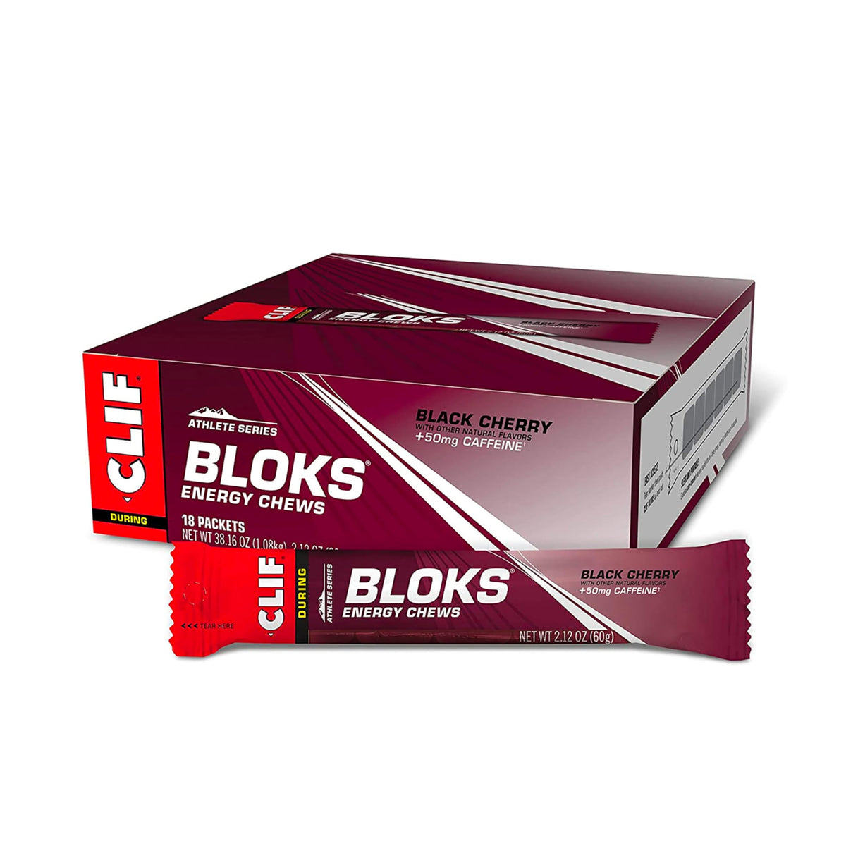 CLIF BLOKS Black Cherry with Caffeine pack hero for on-the-go energy during workouts.