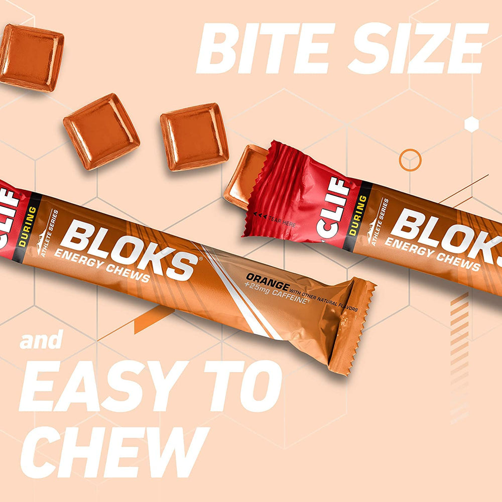 Three-pack display featuring Clif Bloks Orange packets.