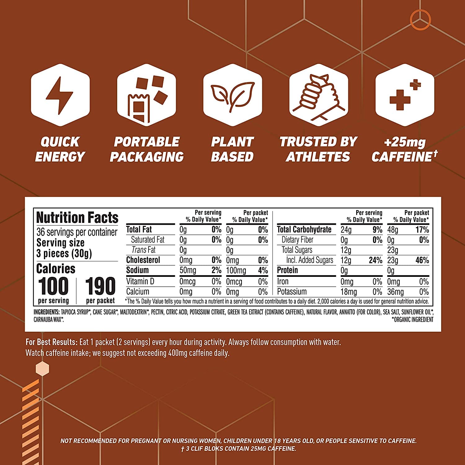 Close-up of CLIF Bloks Orange chews highlighting caffeine boost for workouts.