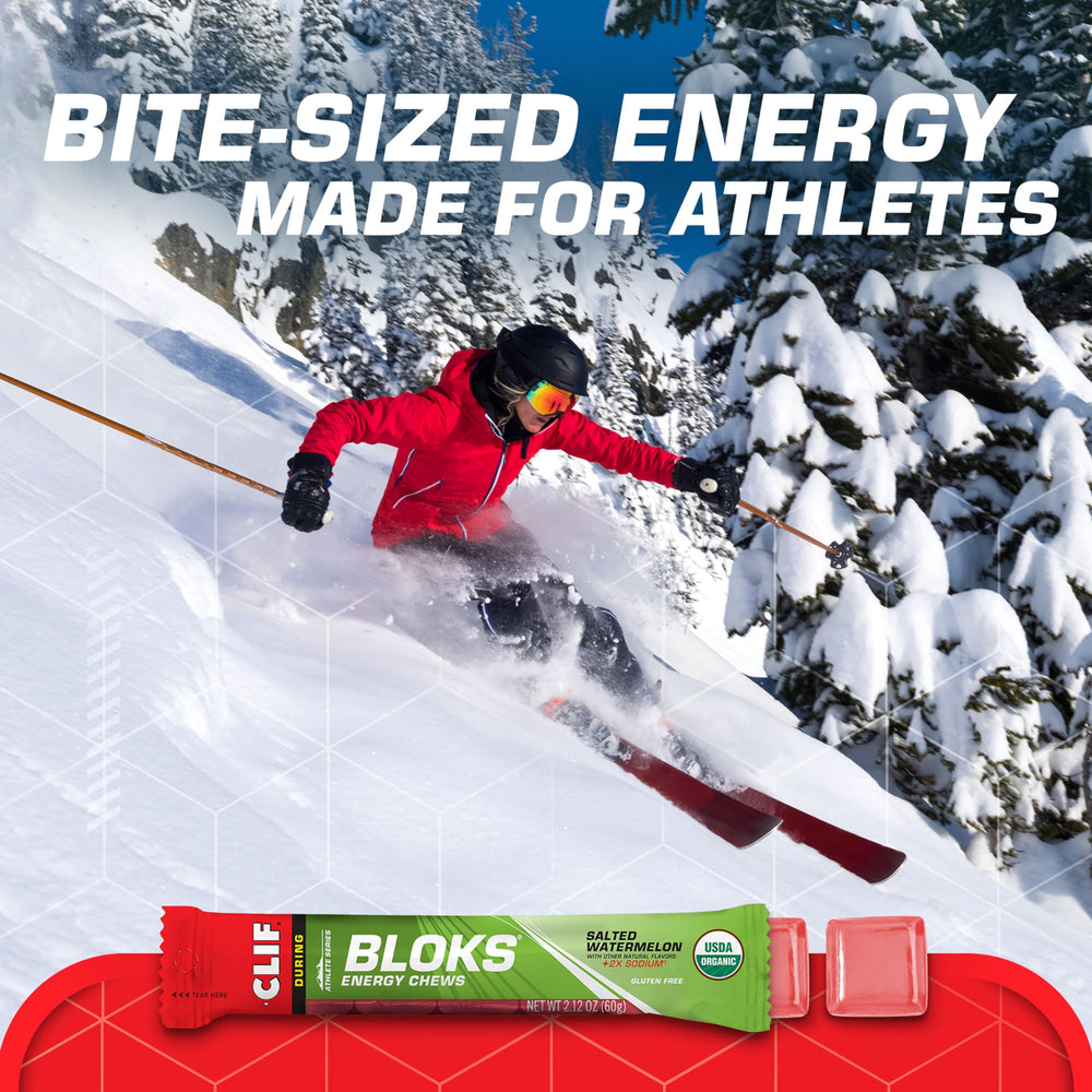 Soft-chew texture of CLIF BLOKS Salted Watermelon for easy intake
