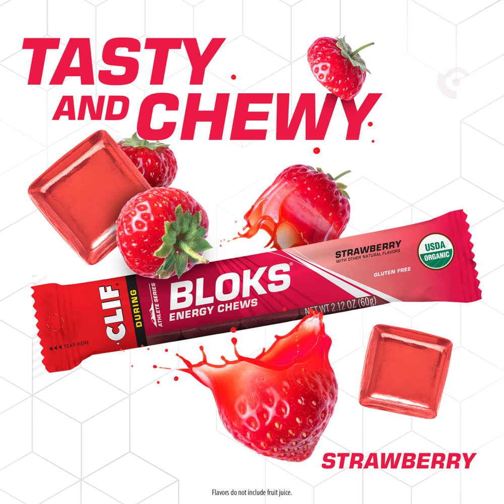 Clif Bloks Strawberry chews in hand for quick fueling on the go