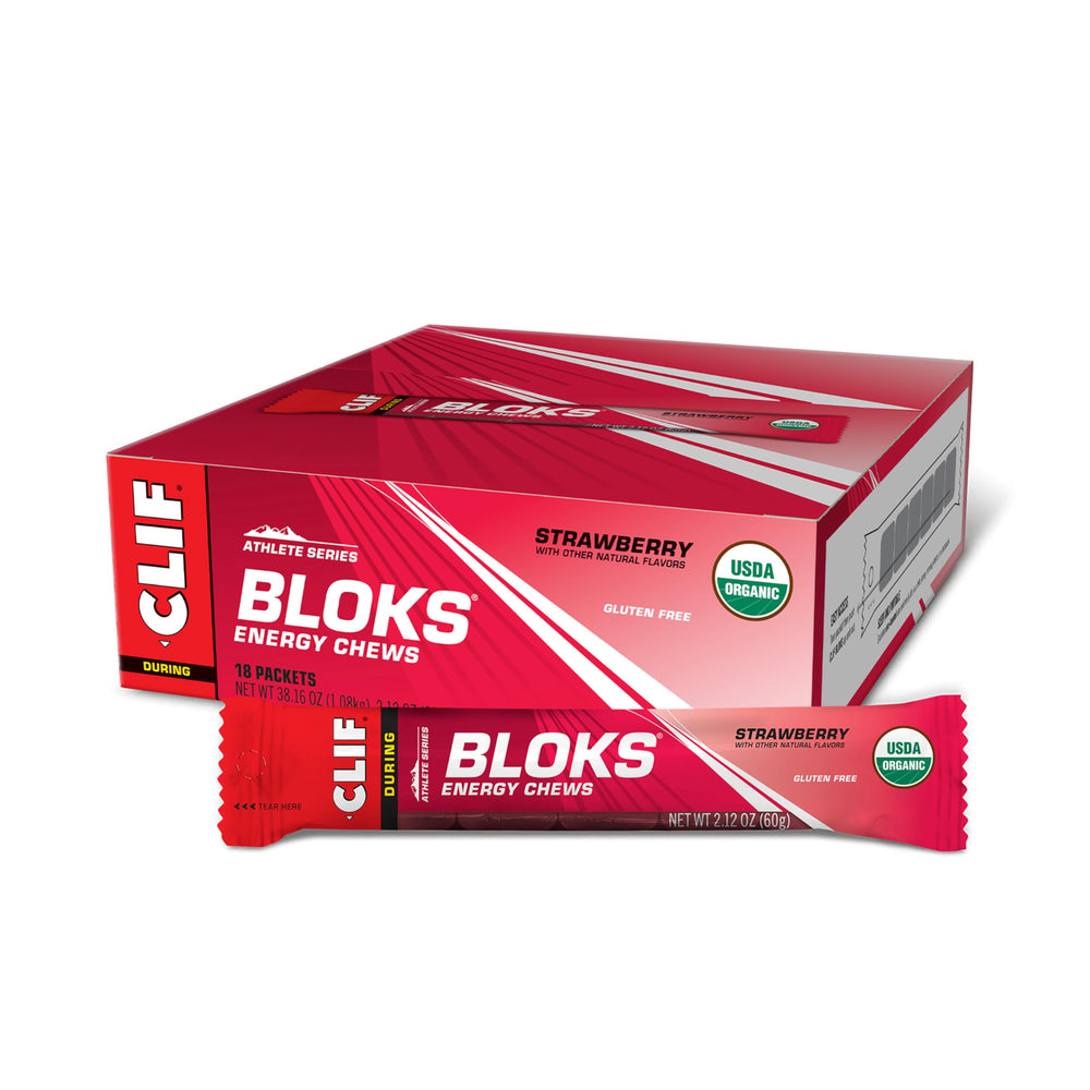 Clif Bloks Strawberry energy chews in packaging for on-the-go fueling during long rides