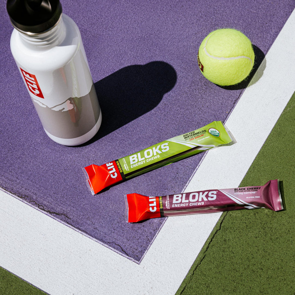 Open wrap of Clif Bloks Strawberry chews for quick access