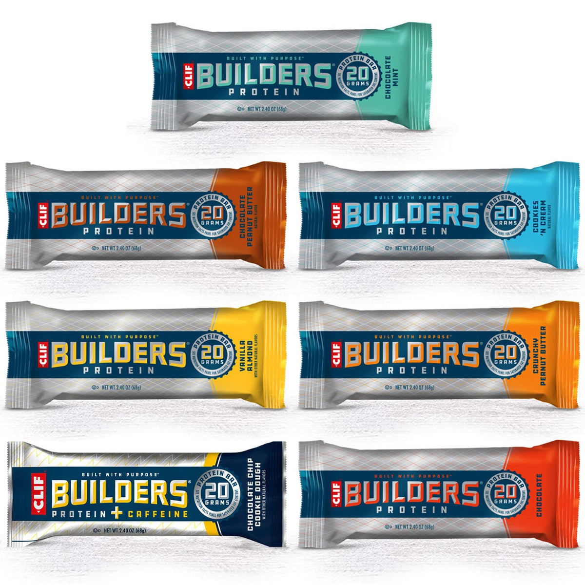 CLIF Builder Bar variety pack packaging showing seven flavors for balanced workouts.