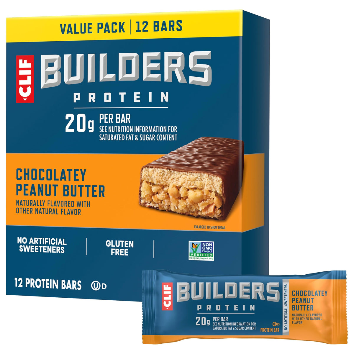 CLIF BUILDER'S Chocolate Peanut Butter bar close-up highlighting texture and flavor appeal