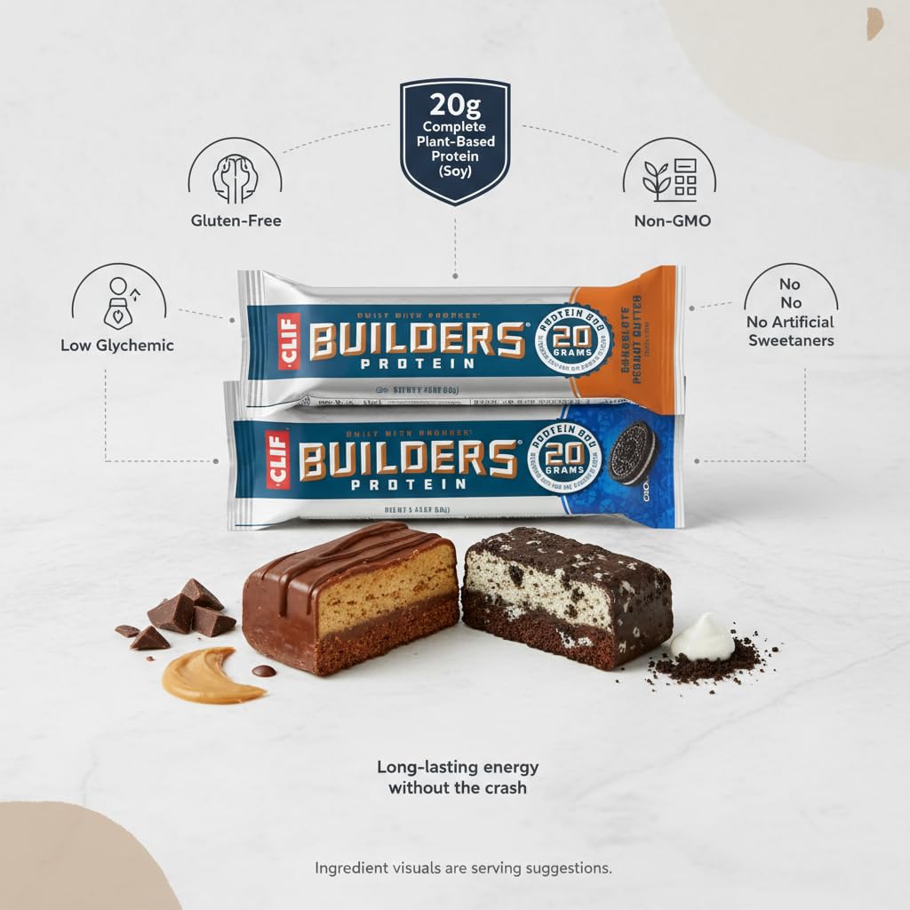 CLIF Builders Oreo bar close-up, gluten-free plant-based protein snack.