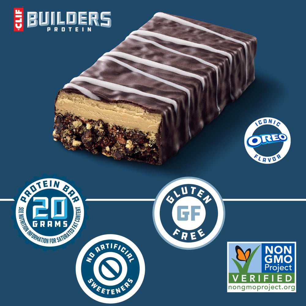 Cross-section of CLIF BUILDERS Oreo bar reveals creamy center and crisp layers