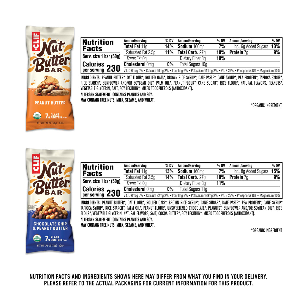 CLIF Nut Butter Bar variety pack chocolate chip peanut butter; creamy texture