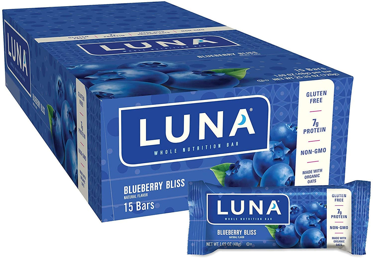 CLIF LUNA Blueberry Bliss bar on top showing protein-packed plant-based nutrition.