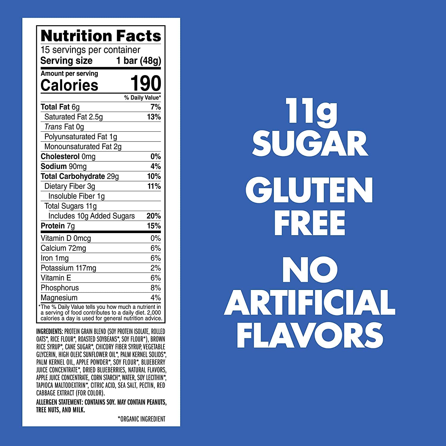 CLIF LUNA Blueberry Bliss nutrition panel emphasizing low-glycemic energy.