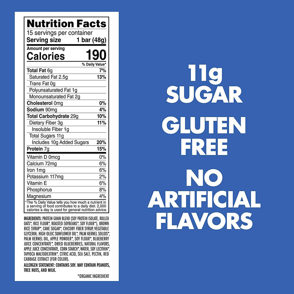 CLIF LUNA Blueberry Bliss nutrition panel emphasizing low-glycemic energy.