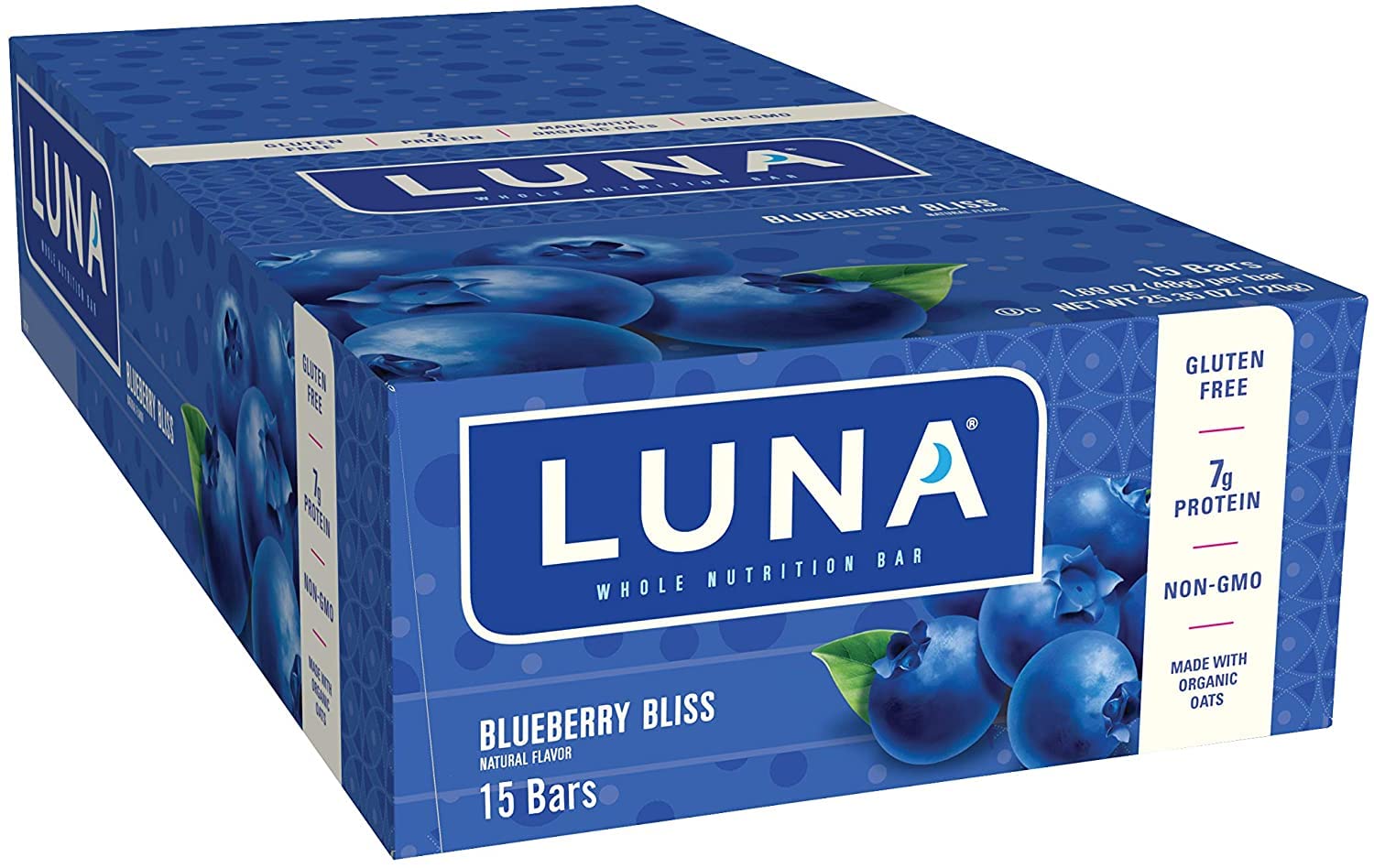 CLIF LUNA Blueberry Bliss pack open highlighting gluten-free, non-GMO snack.