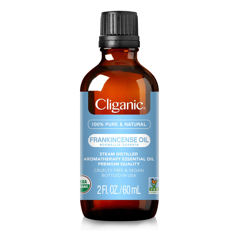 Etiqueta orgánica certificada de Cliganic Aceite de Incienso para pureza.