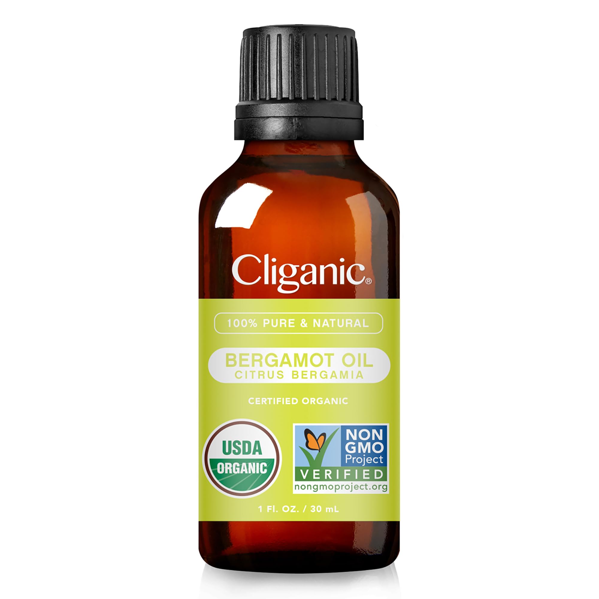 Cliganic Bergamot oil glass bottle highlights purity and handling