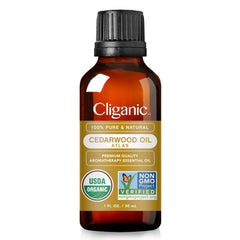 Cliganic Cedarwood oil packaging variation on shelf.