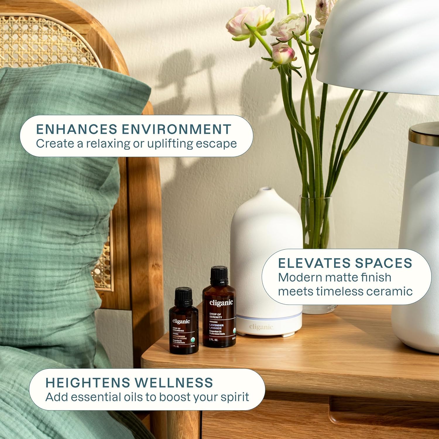 Cliganic White diffuser on office desk creates calm work environment