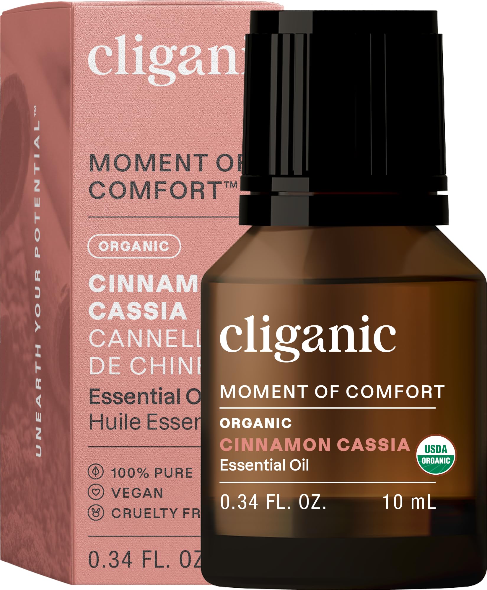 Cliganic Cinnamon Cassia oil bottle for aromatherapy and mood support.