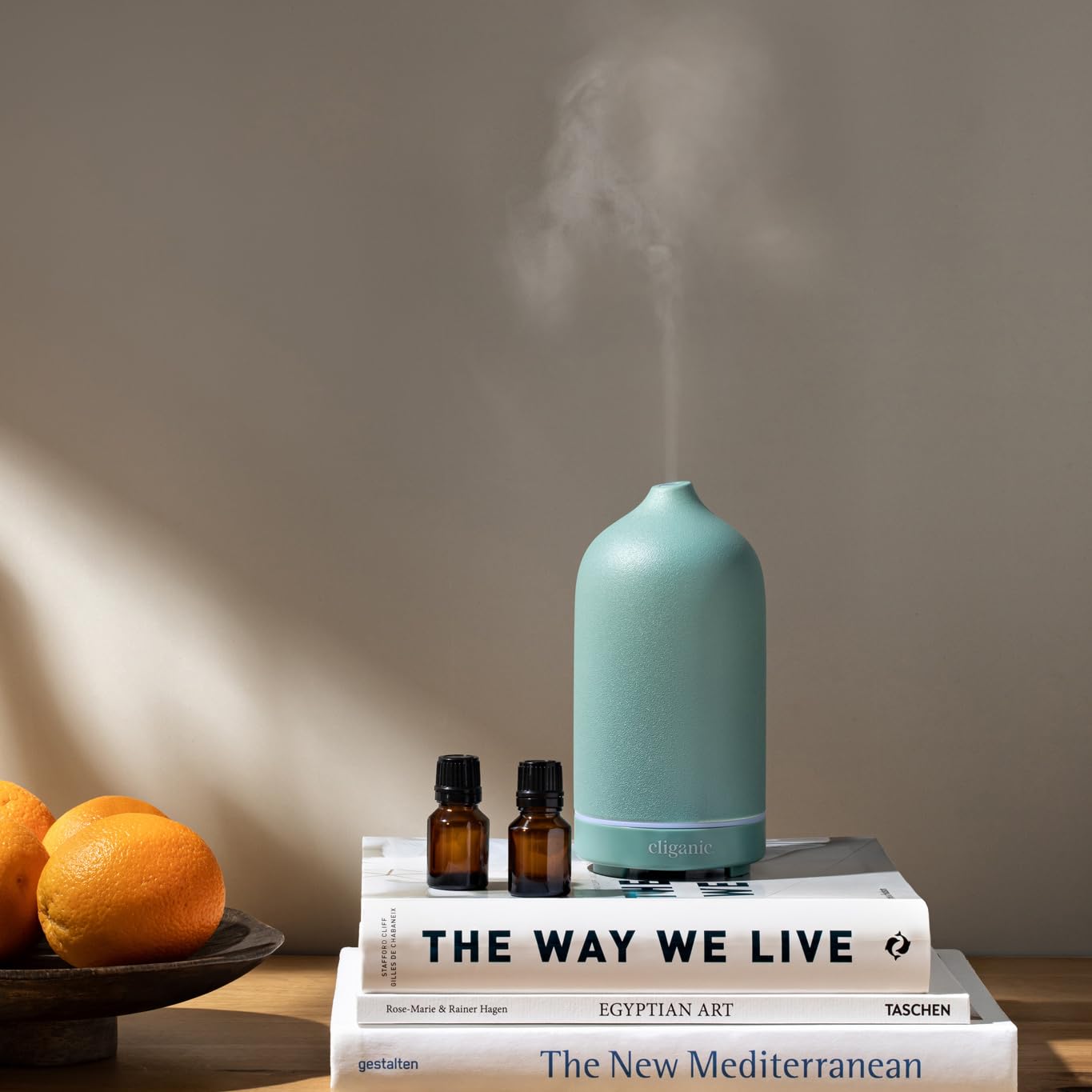 Cliganic diffuser with 7 light colors creates mood-enhancing ambience.