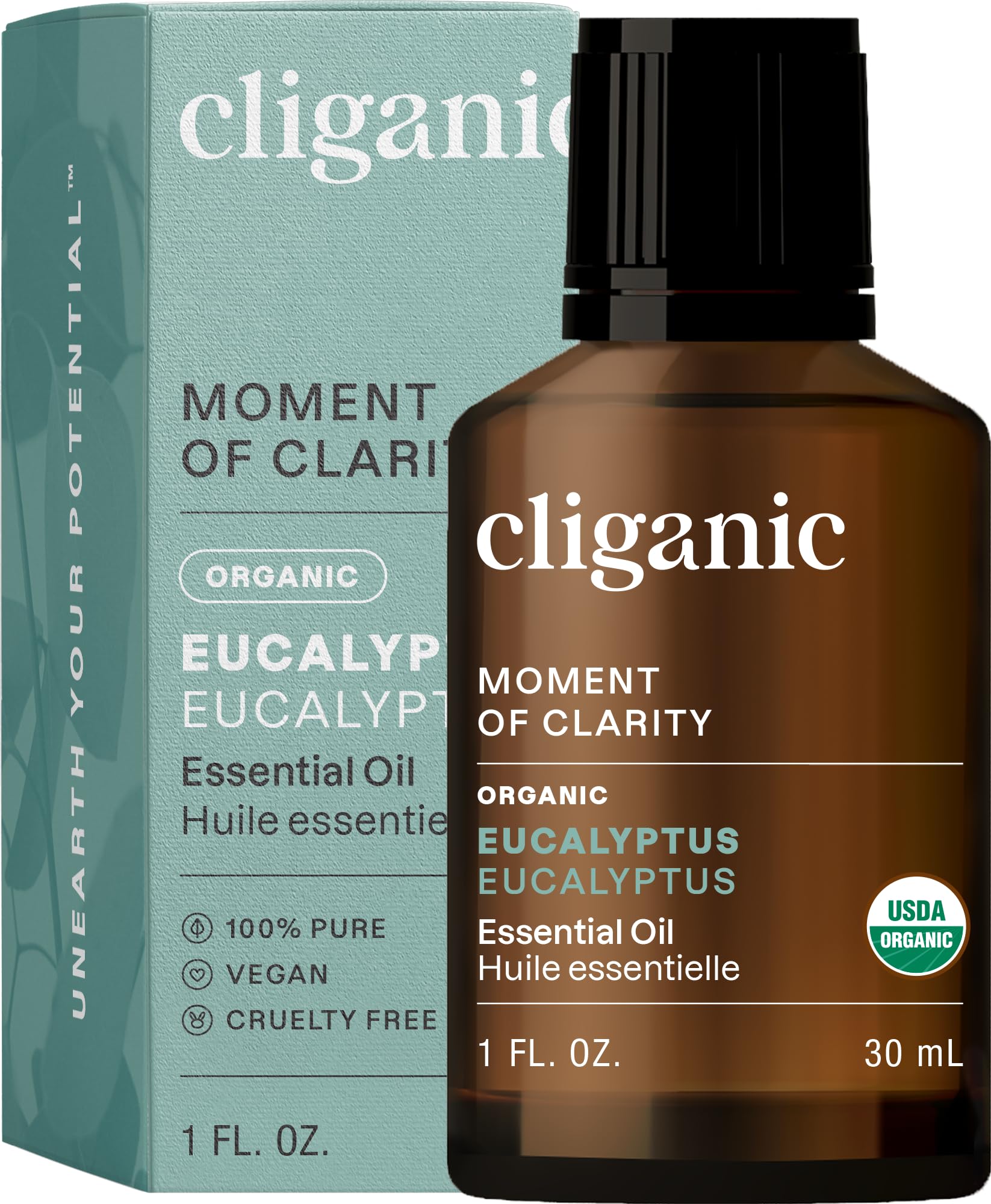 Cliganic Eucalyptus Oil bottle closeup for pure aroma and diffuser use.