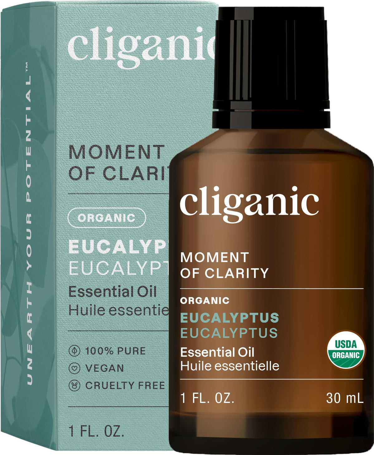 Cliganic Eucalyptus Oil bottle closeup for pure aroma and diffuser use.