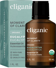 Cliganic Eucalyptus Oil bottle closeup for pure aroma and diffuser use.
