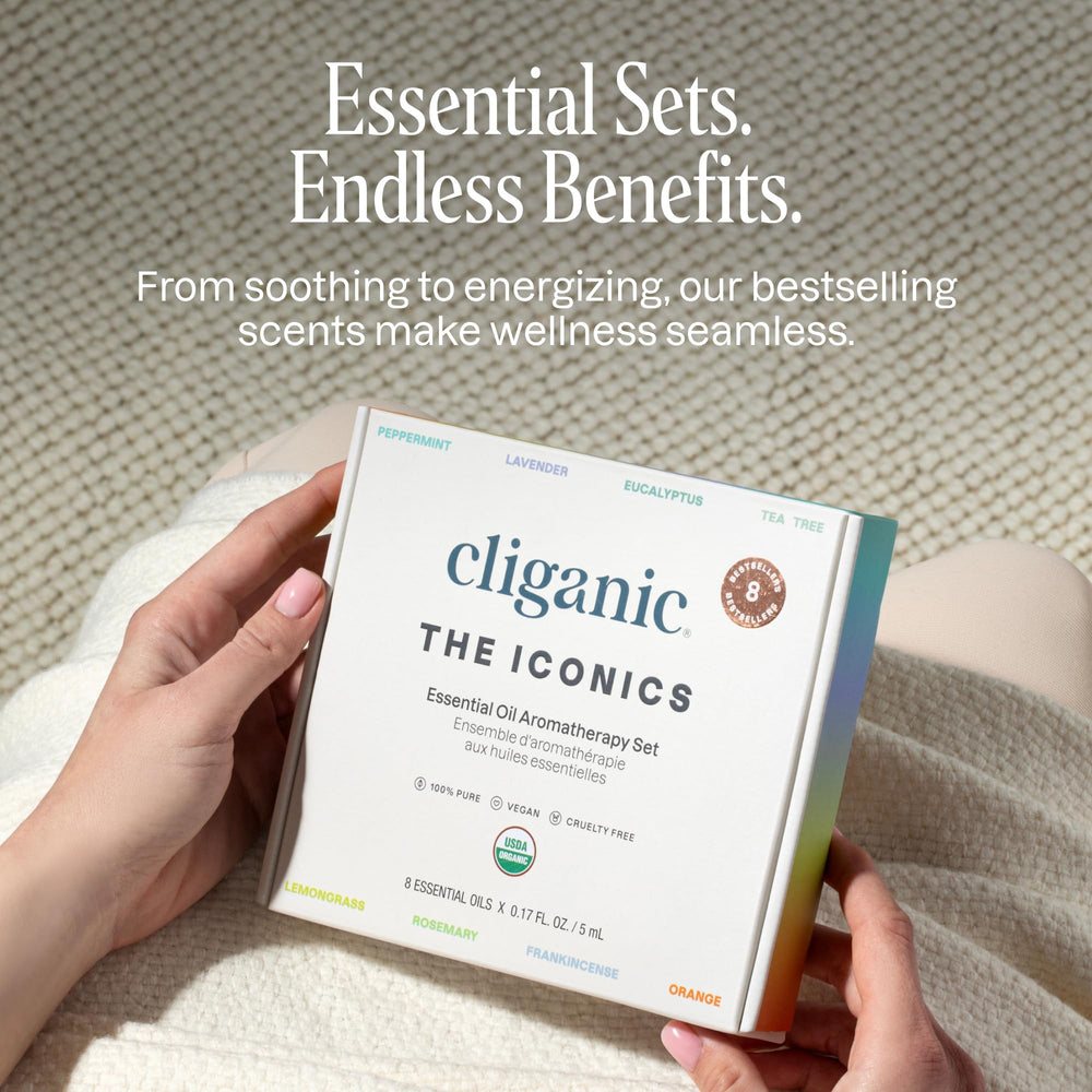 Cliganic eucalyptus oil bottle with cooling notes for invigorating diffusions.